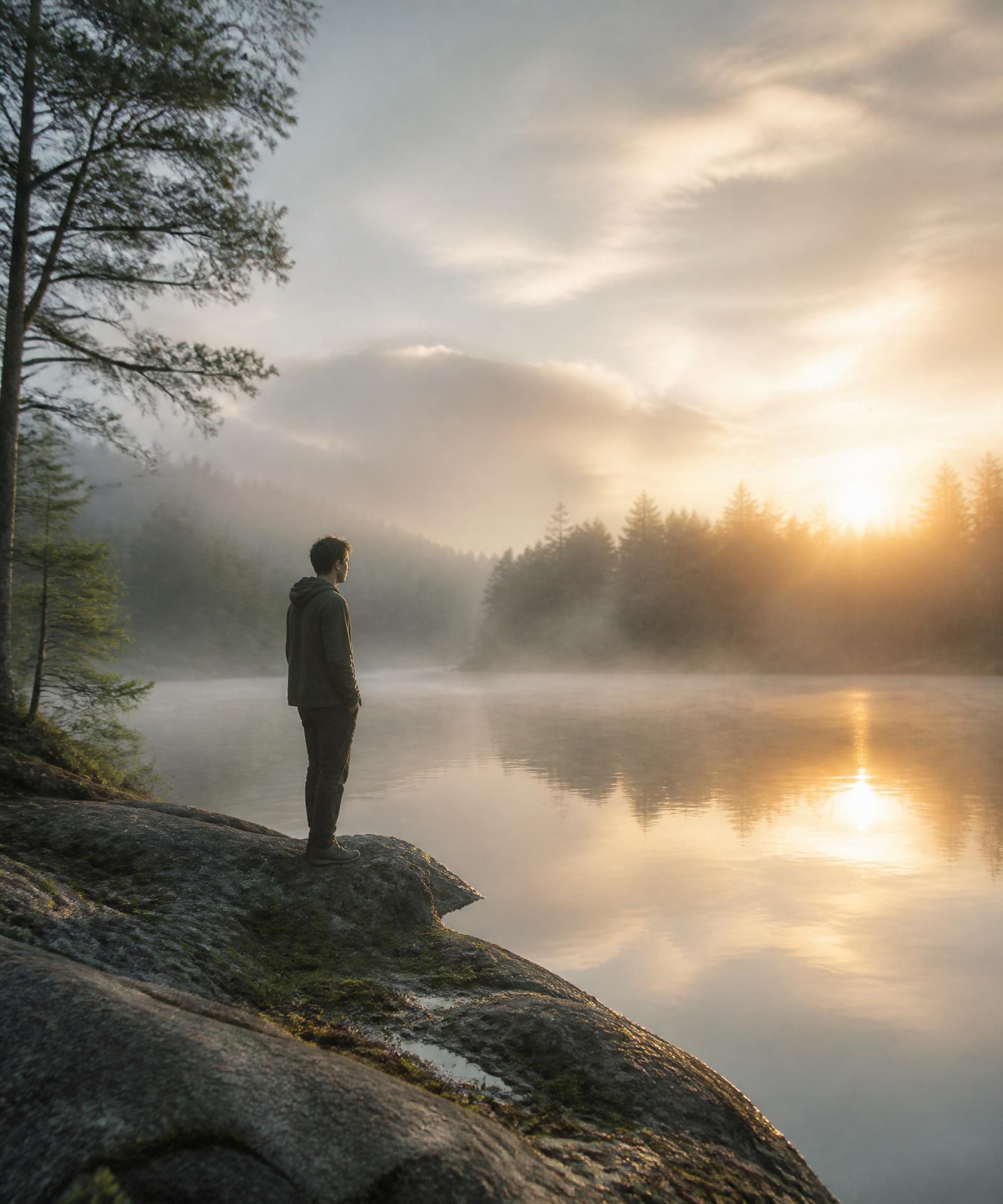 A person standing at a misty lake at sunrise