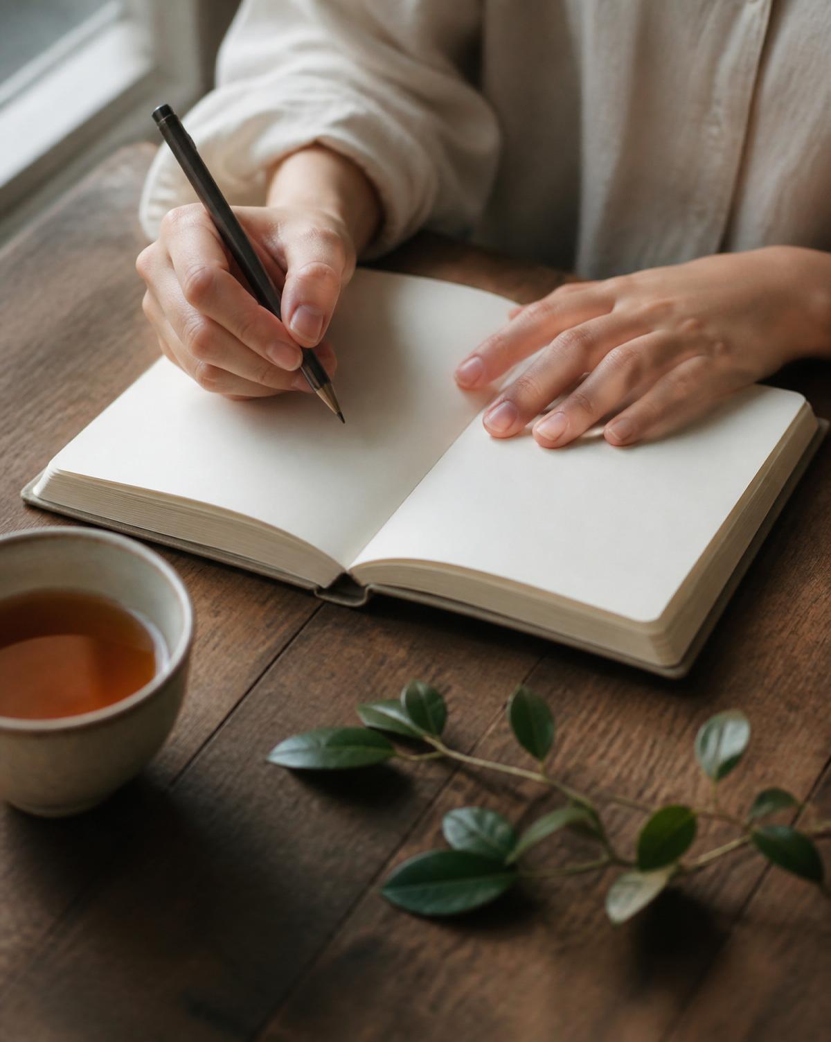 Hands writing in a notebook by warm window light