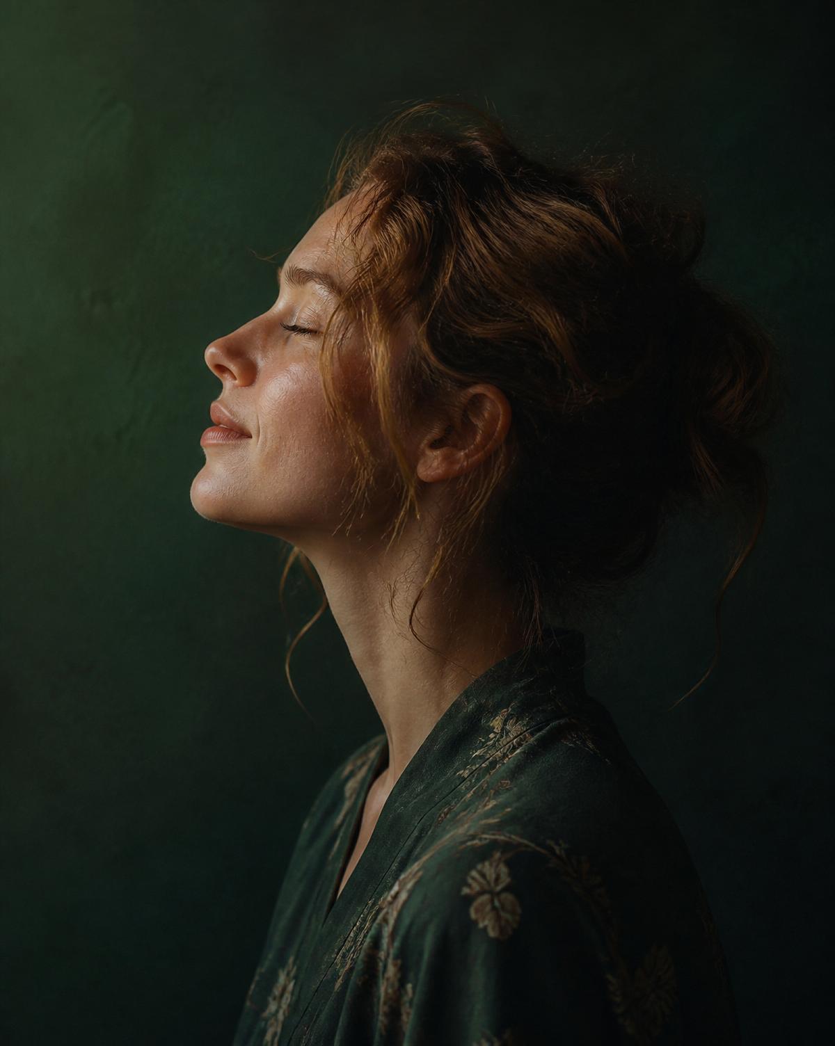 A calm person in profile against a deep green wall
